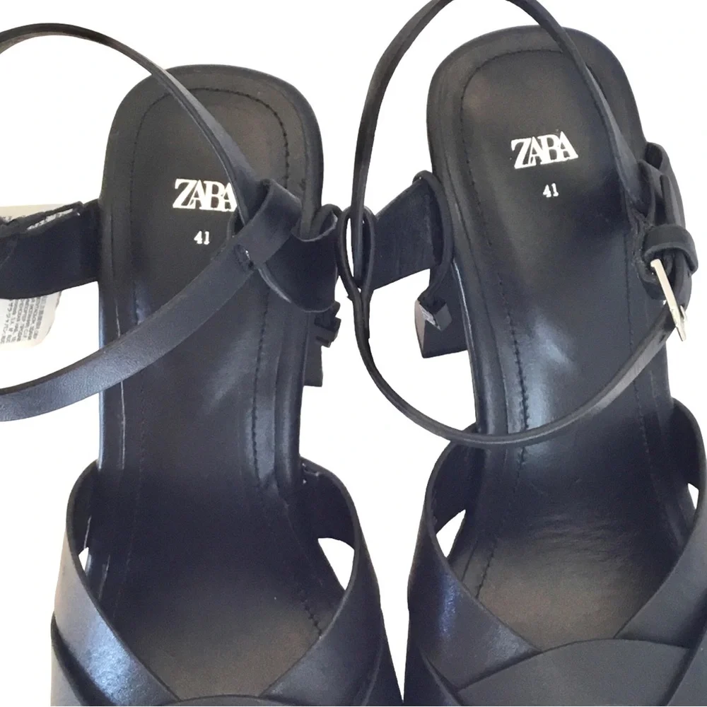 🆕 ZARA Black Y2K Platform Sandals Size 10 Leather  Ankle Strap Retro Sandals - Picture 5 of 16